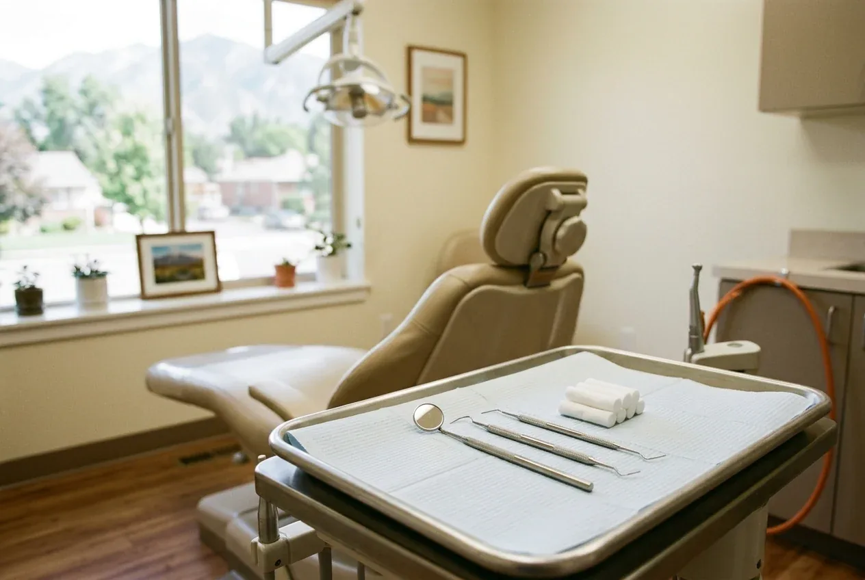 Dental exam instruments on a tray in a treatment room