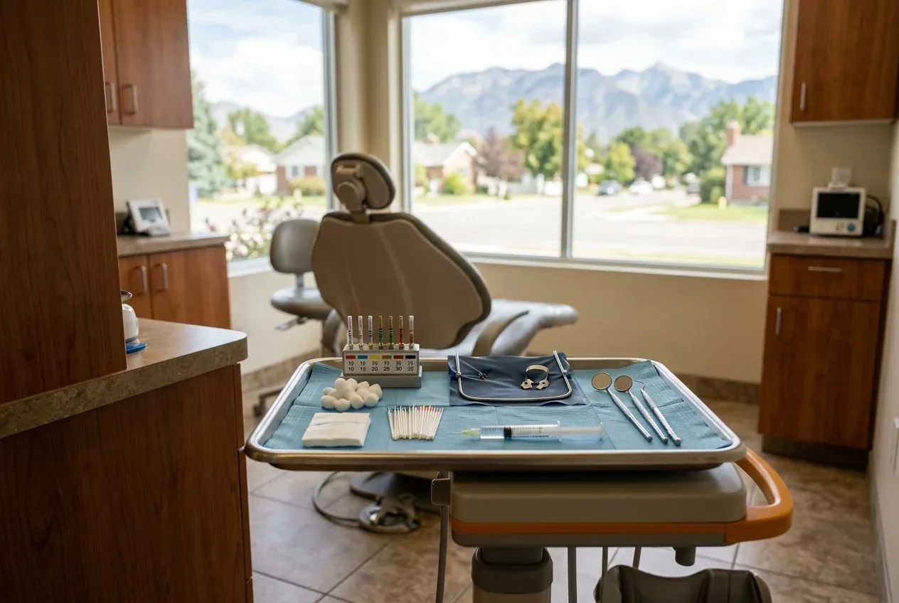 Root canal instruments laid out on a tray
