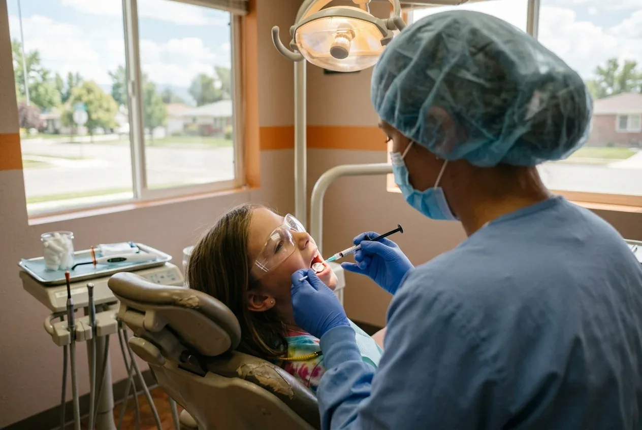 A child has sealants applied to their back teeth